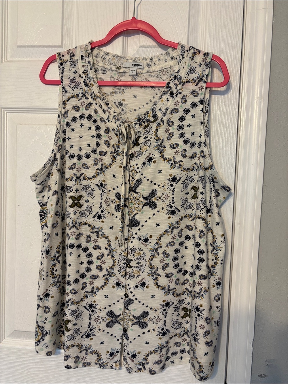 Sonoma Cream Paisley Tie-Front Sleeveless Top